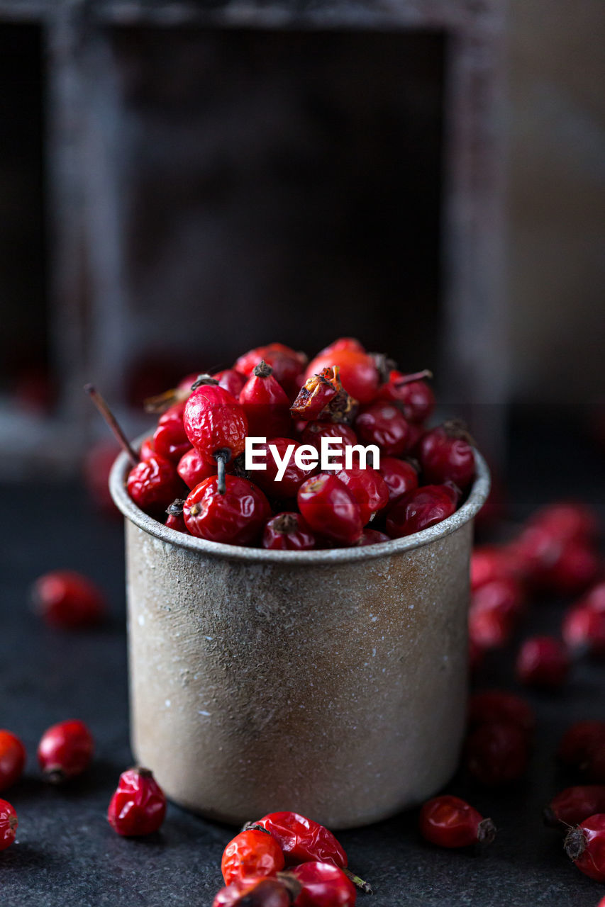 Dried rosehip fruits on the table