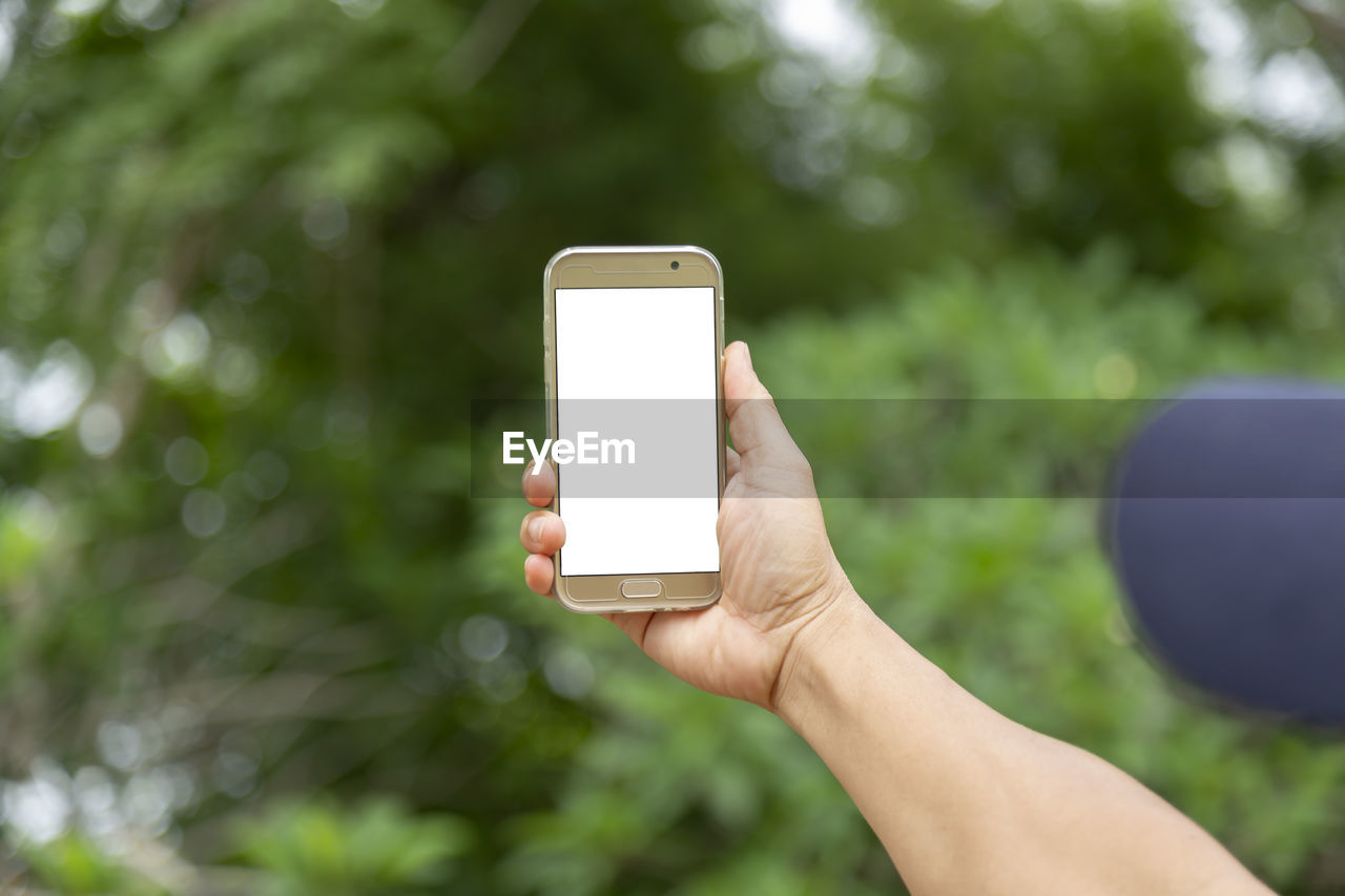 MIDSECTION OF PERSON HOLDING MOBILE PHONE IN PARK