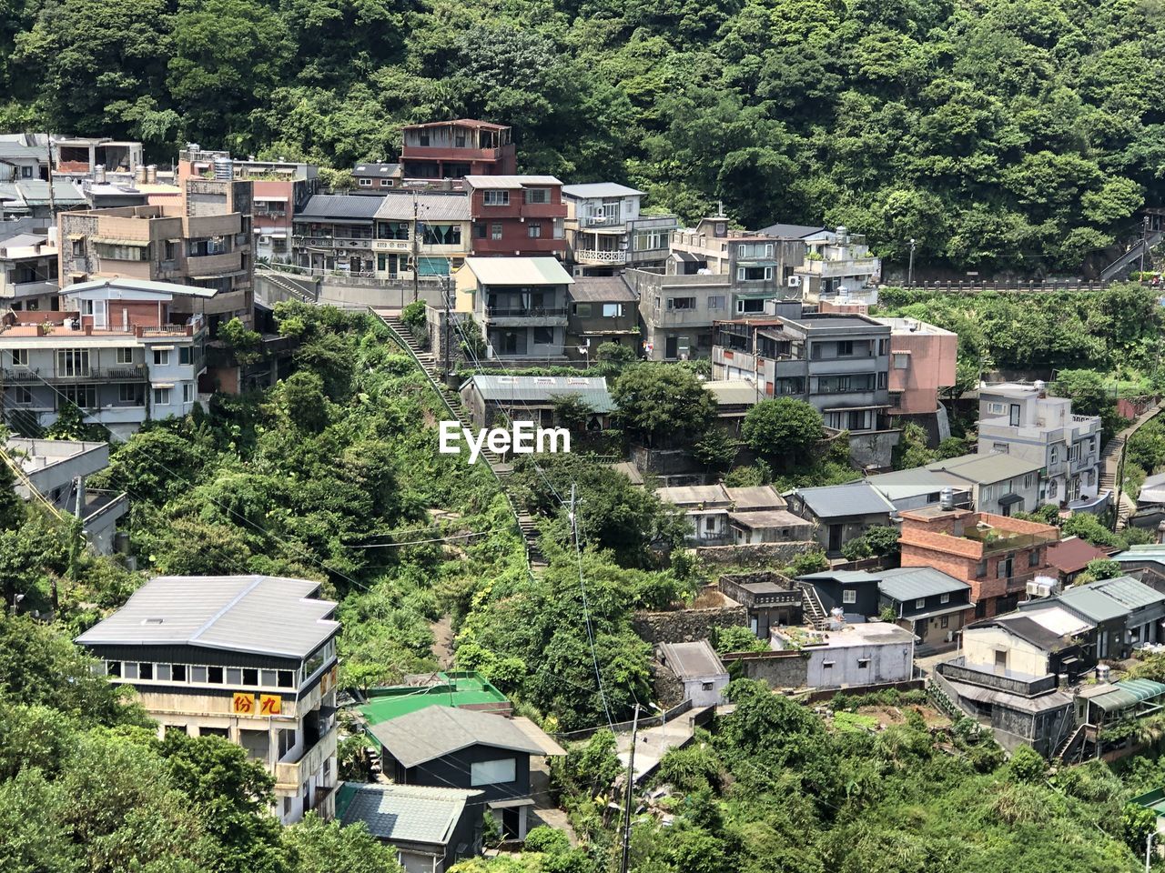 High angle view of buildings in town