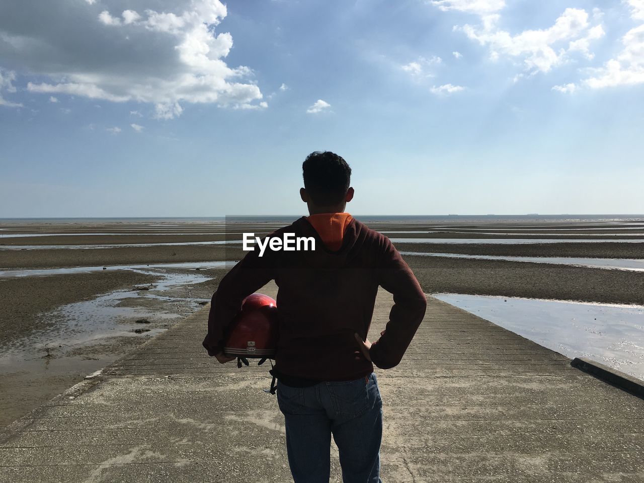 Rear view of man standing at beach against sky