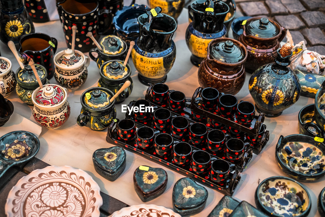 Traditional romanian handmade ceramics market at the potters fair from sibiu, romania