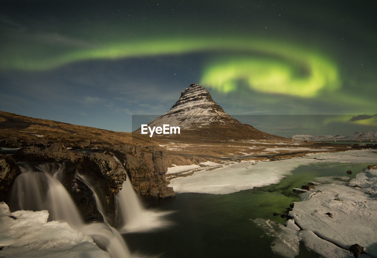 SCENIC VIEW OF WATERFALL AGAINST SKY