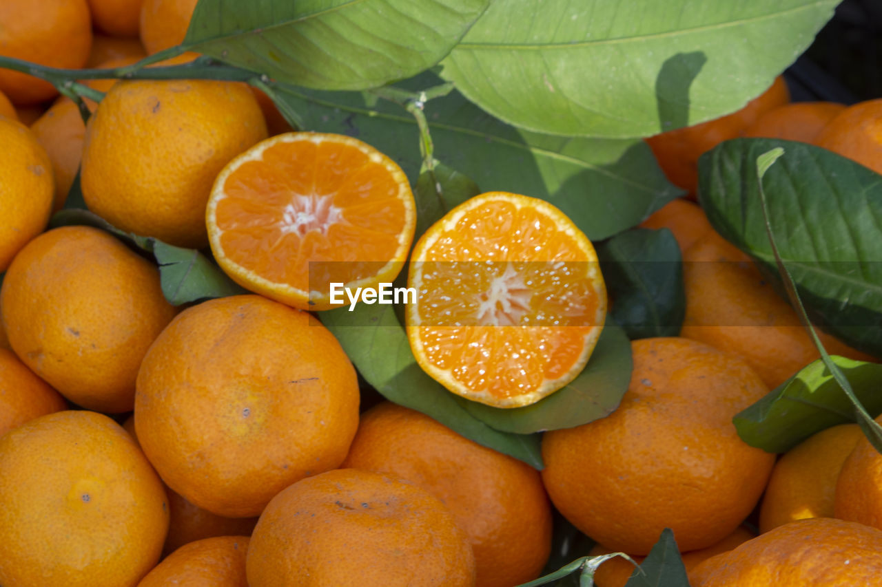 HIGH ANGLE VIEW OF ORANGES AND FRUITS IN CONTAINER