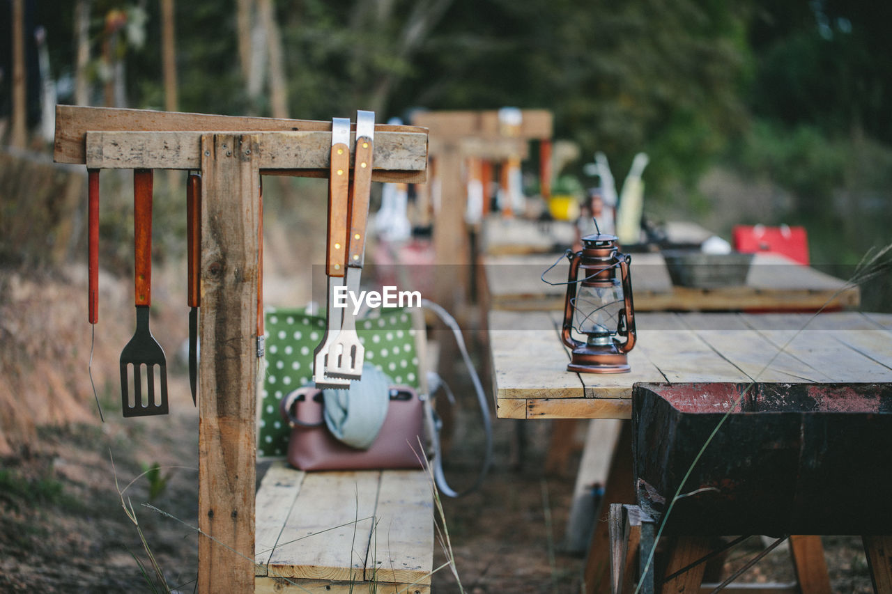 Gardening equipment hanging outdoors