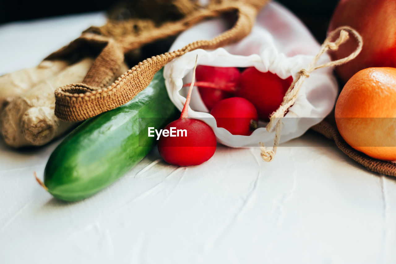 HIGH ANGLE VIEW OF FRUITS IN PLATE