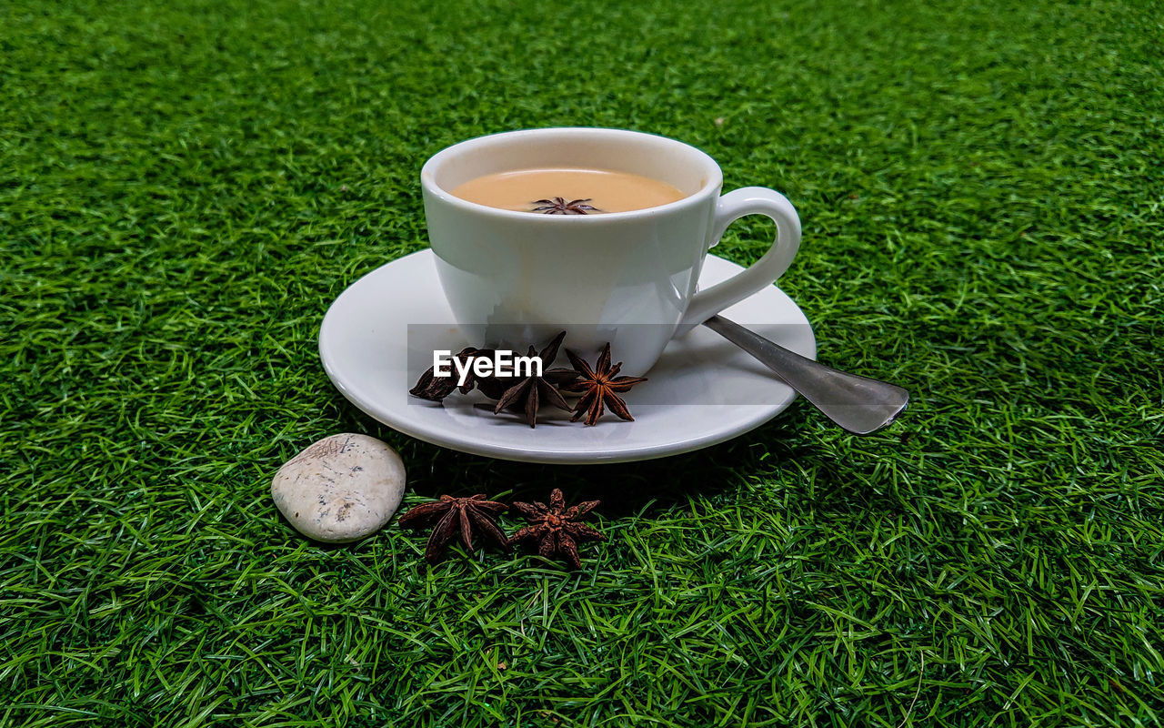 HIGH ANGLE VIEW OF COFFEE CUP ON GRASSY FIELD
