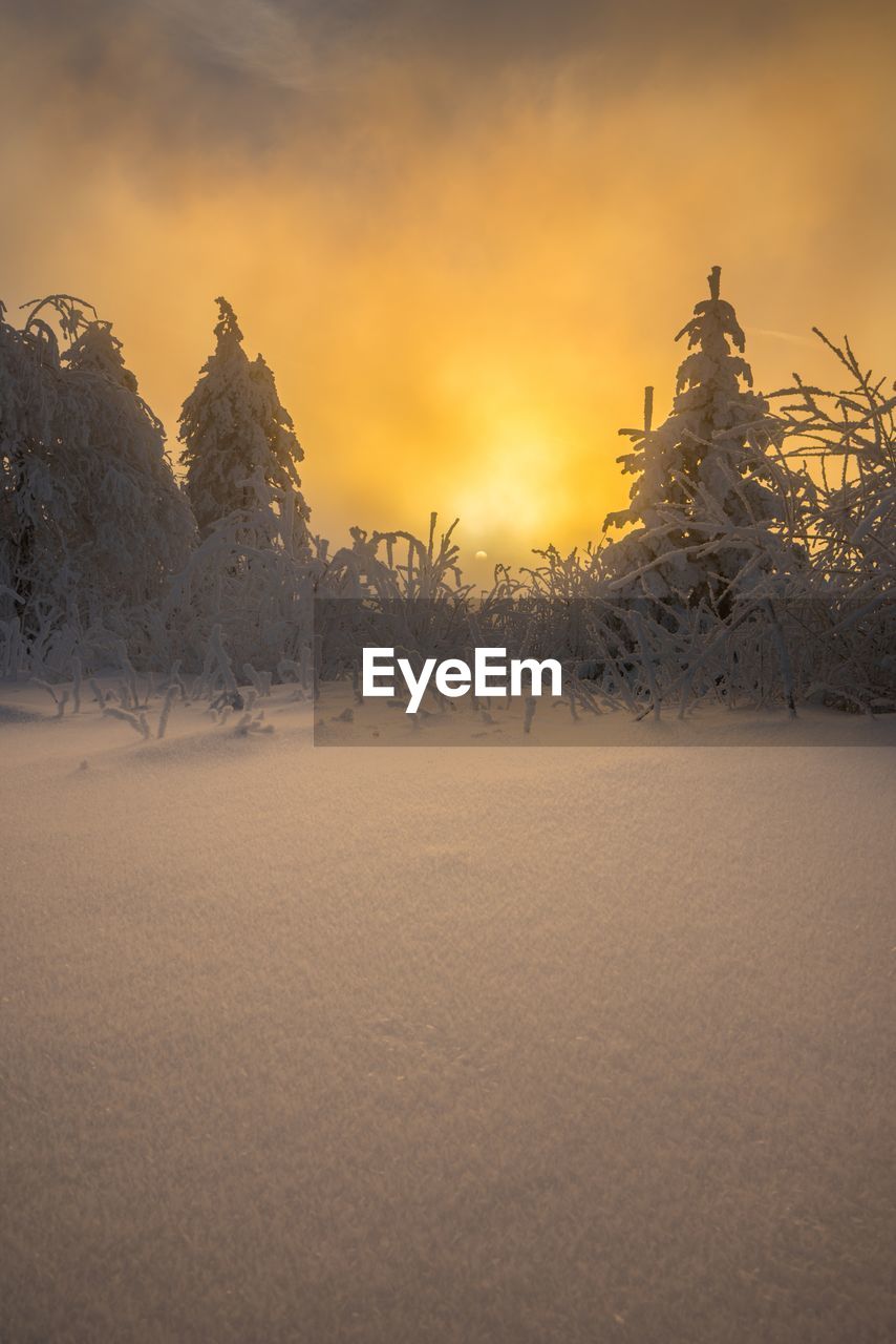 Scenic view of snow covered field against orange sky