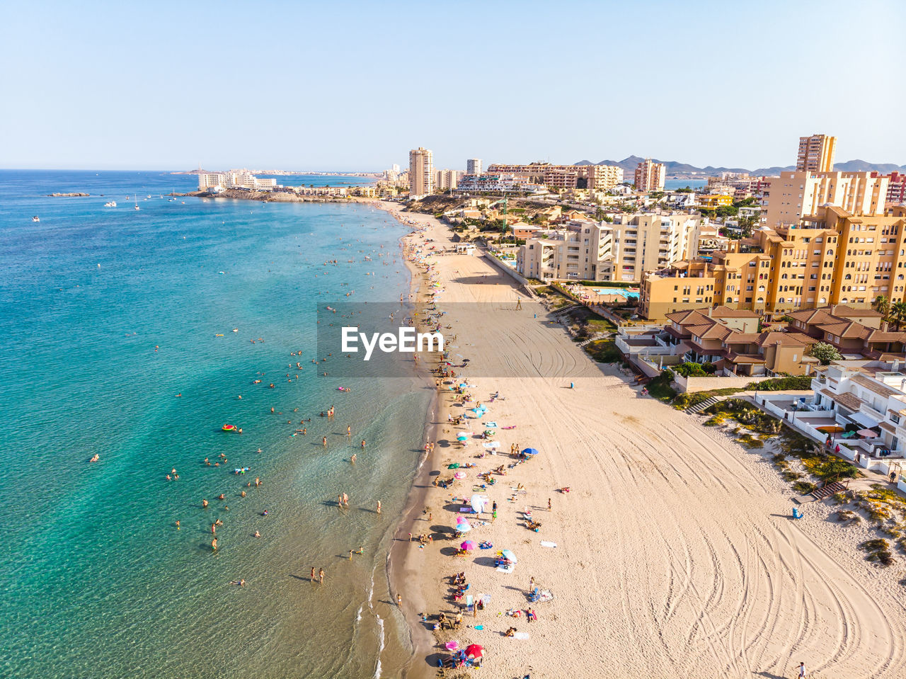 High angle view of beach against clear sky