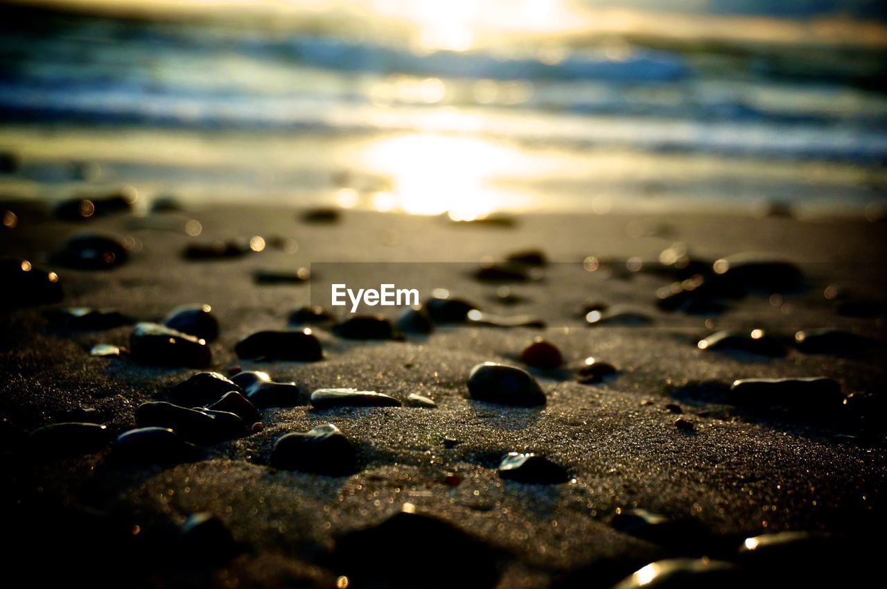 Close-up of sand at beach against sky