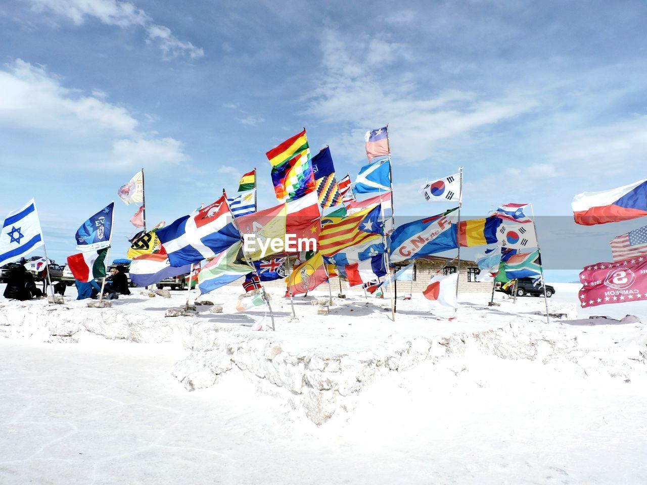 MULTI COLORED FLAGS ON BEACH