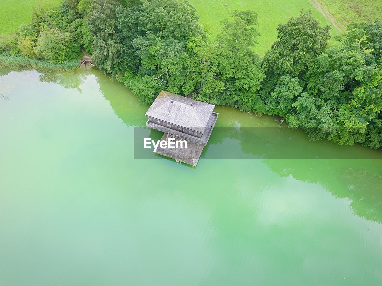 High angle view of house by lake 