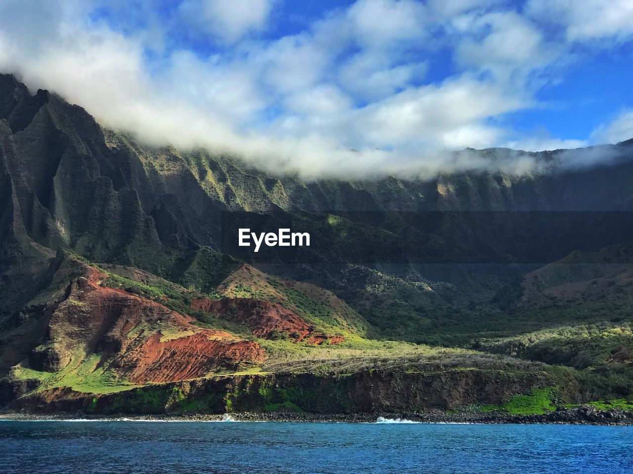 Scenic view of mountains and lake against sky