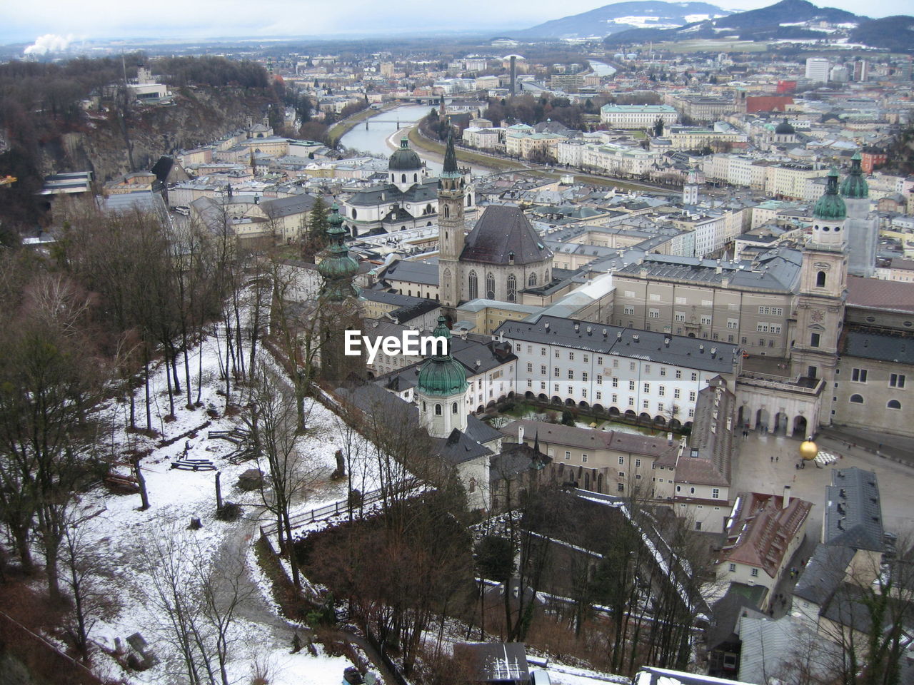 HIGH ANGLE VIEW OF TOWN IN WINTER