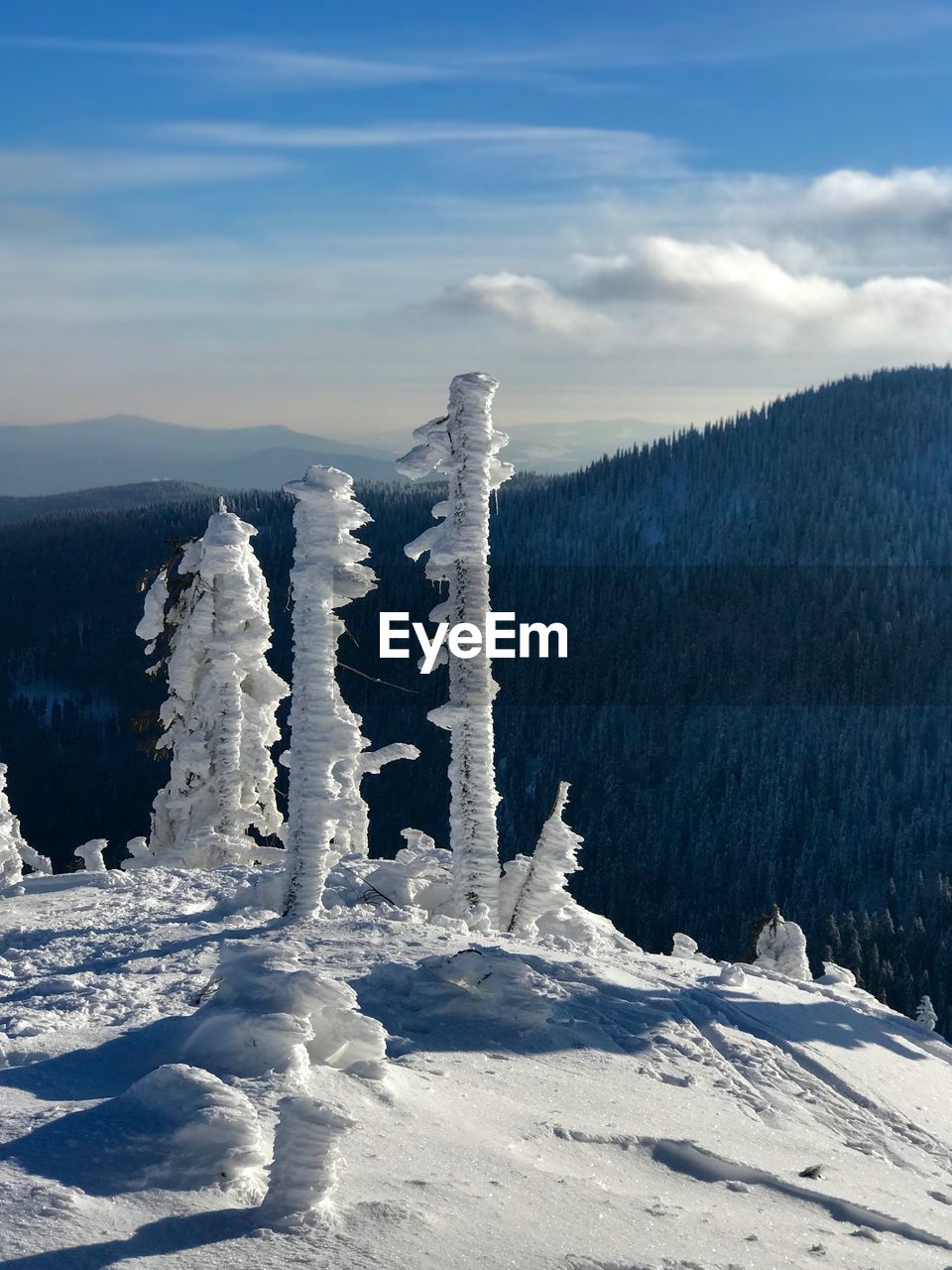 Snow covered landscape against sky