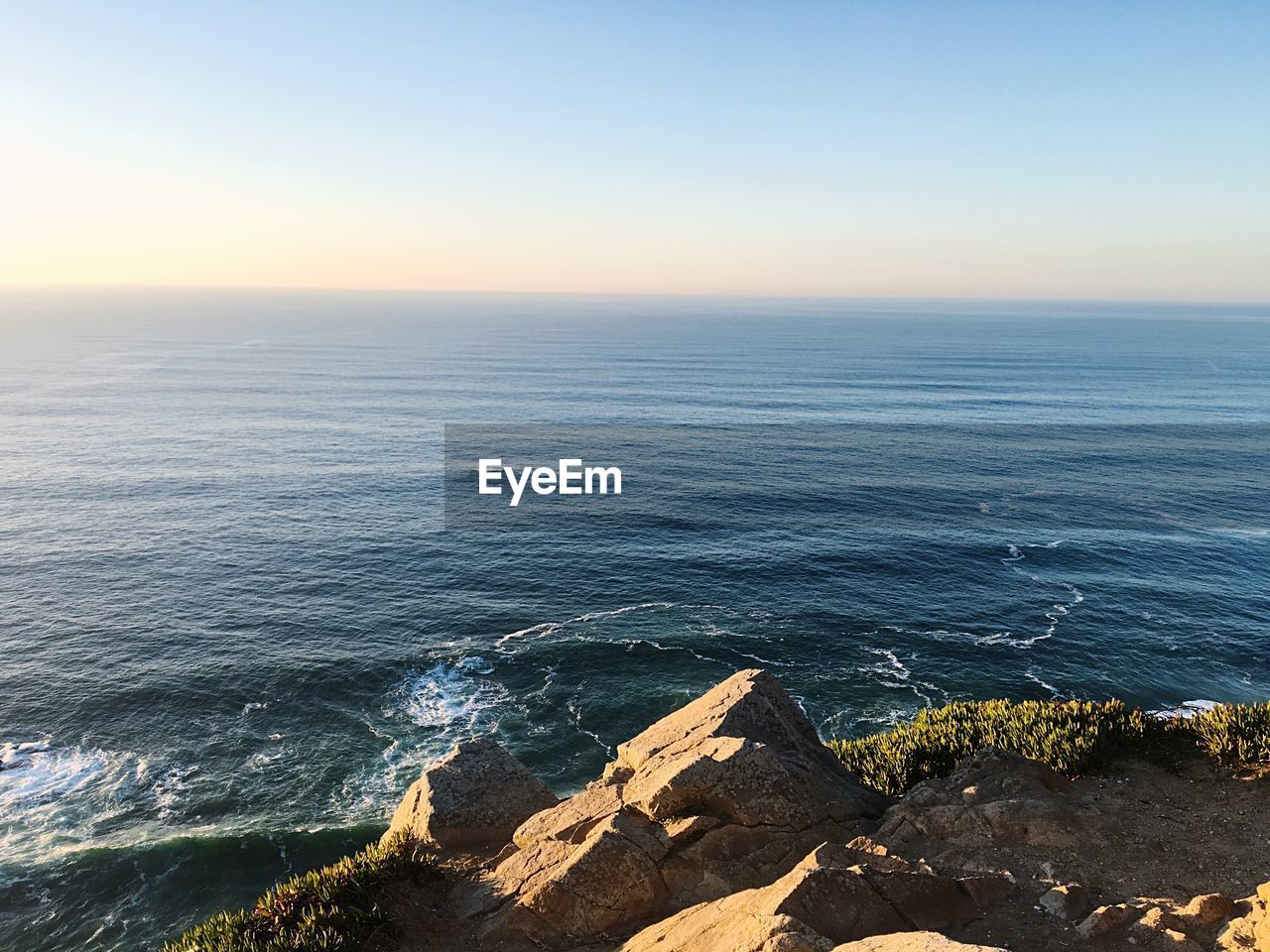 High angle view of sea against clear sky