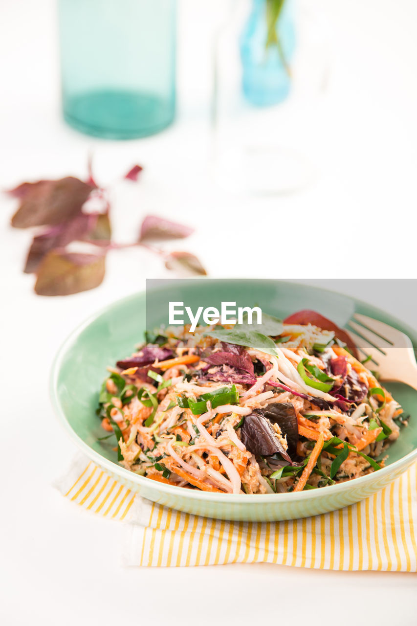 High angle view of salad in bowl on table