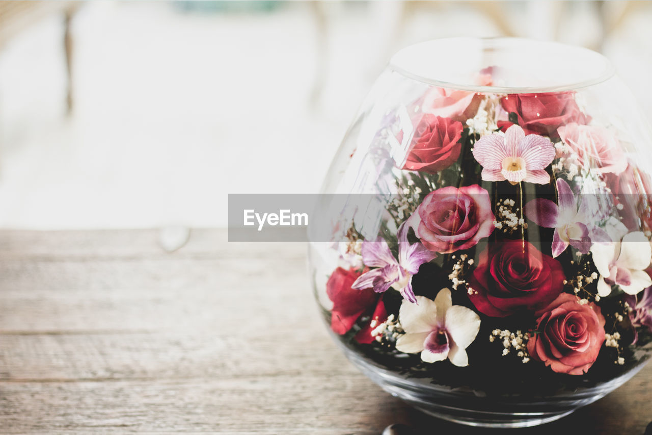 Close-up of flower in container on table