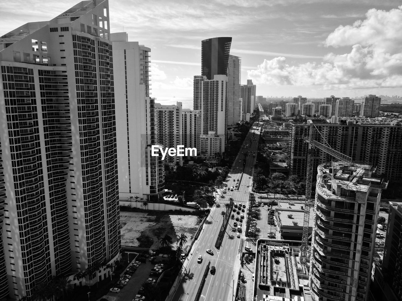 High angle view of buildings in city against sky