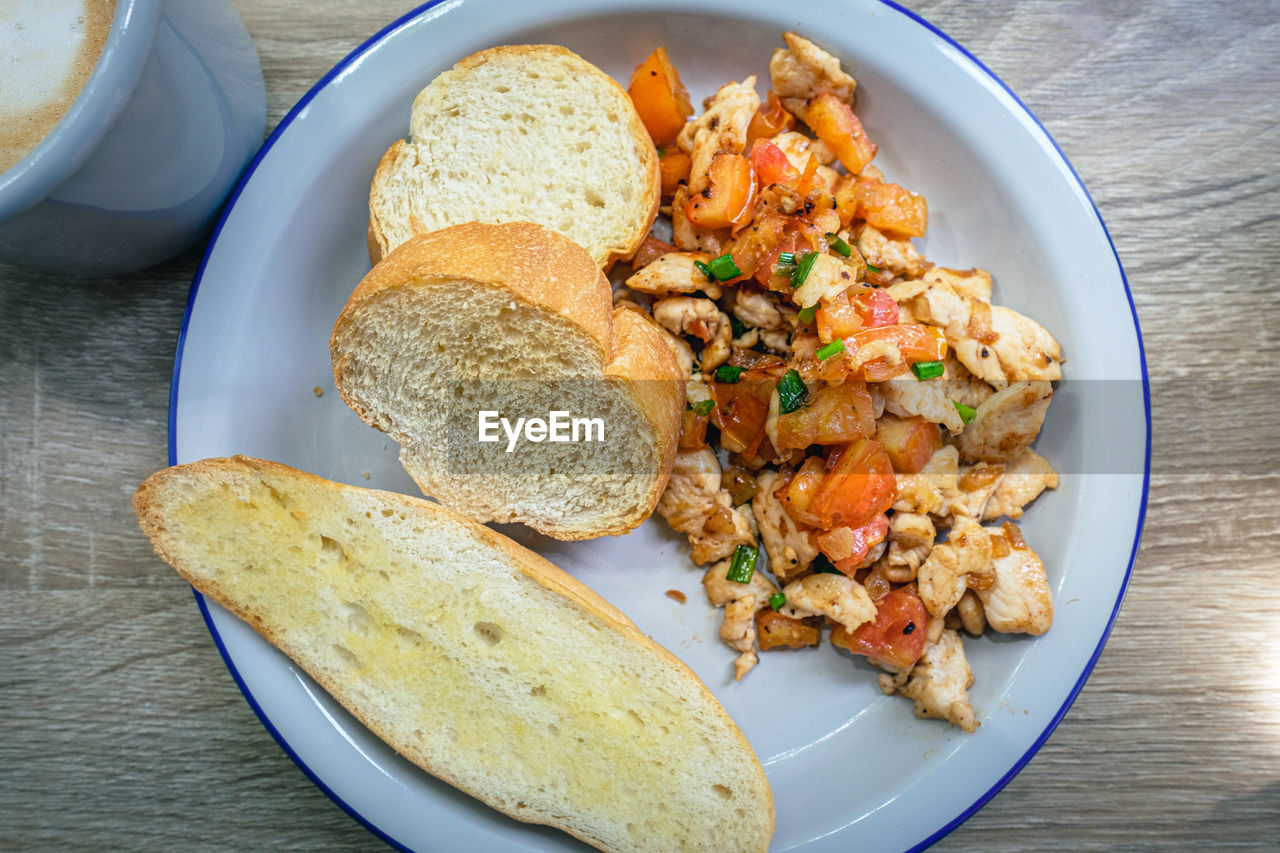 High angle view of breakfast served on table