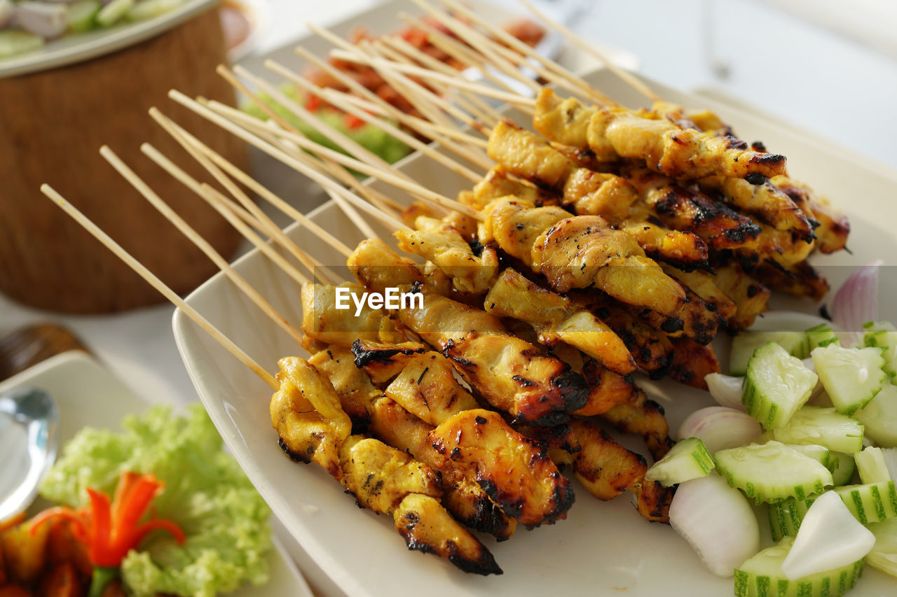 High angle view of satay served in plate