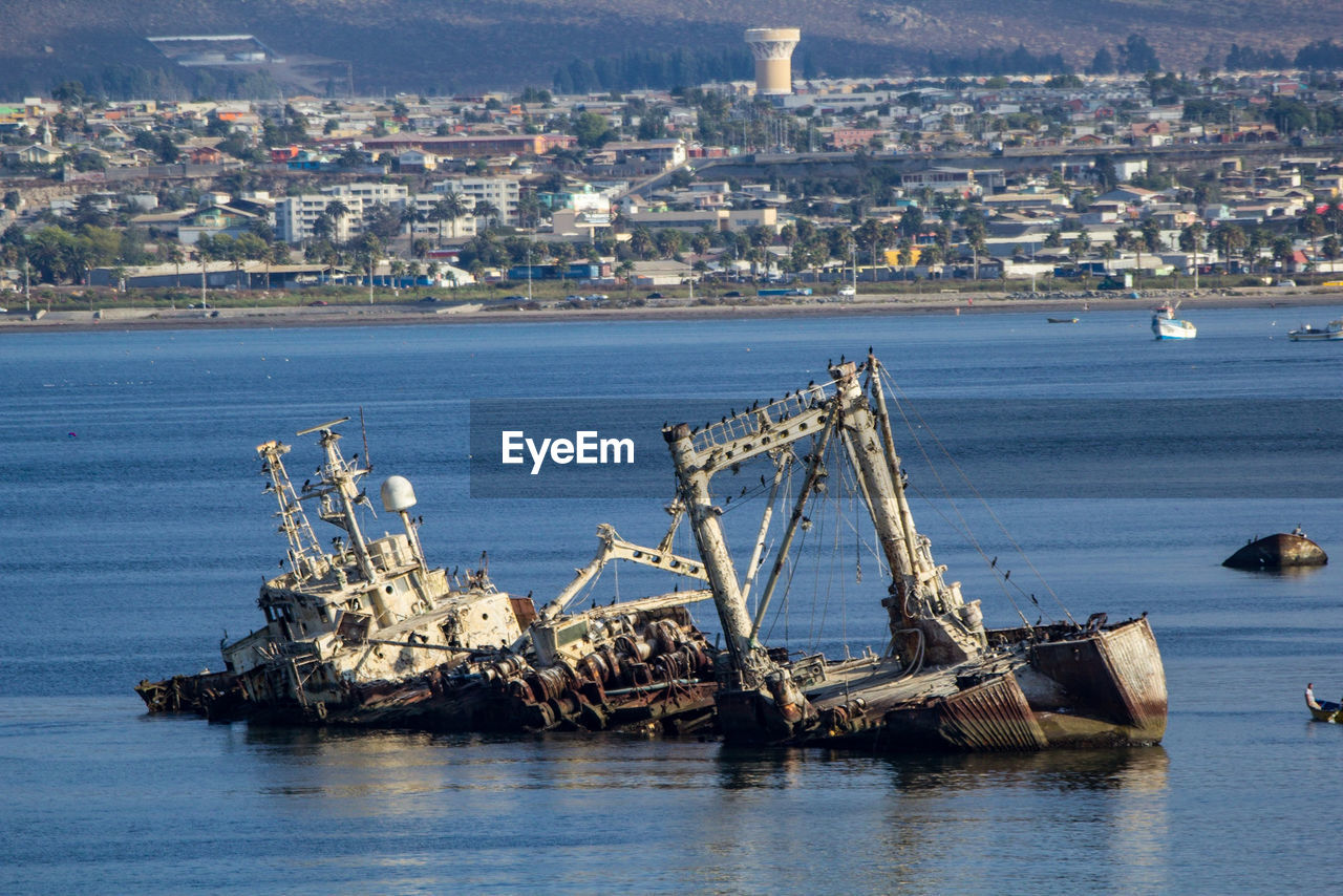 CRANES IN SEA AGAINST CITYSCAPE