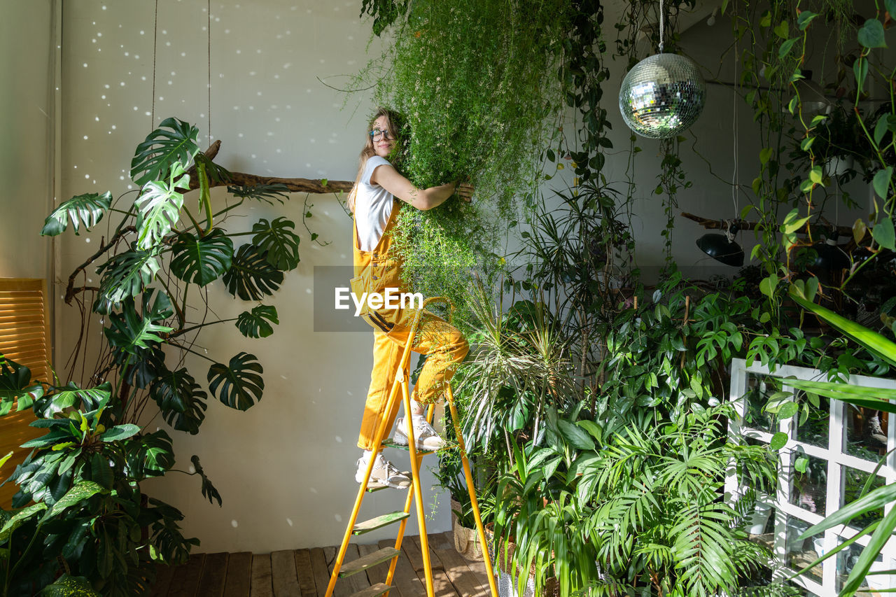 Full length of woman standing on ladder holding plants