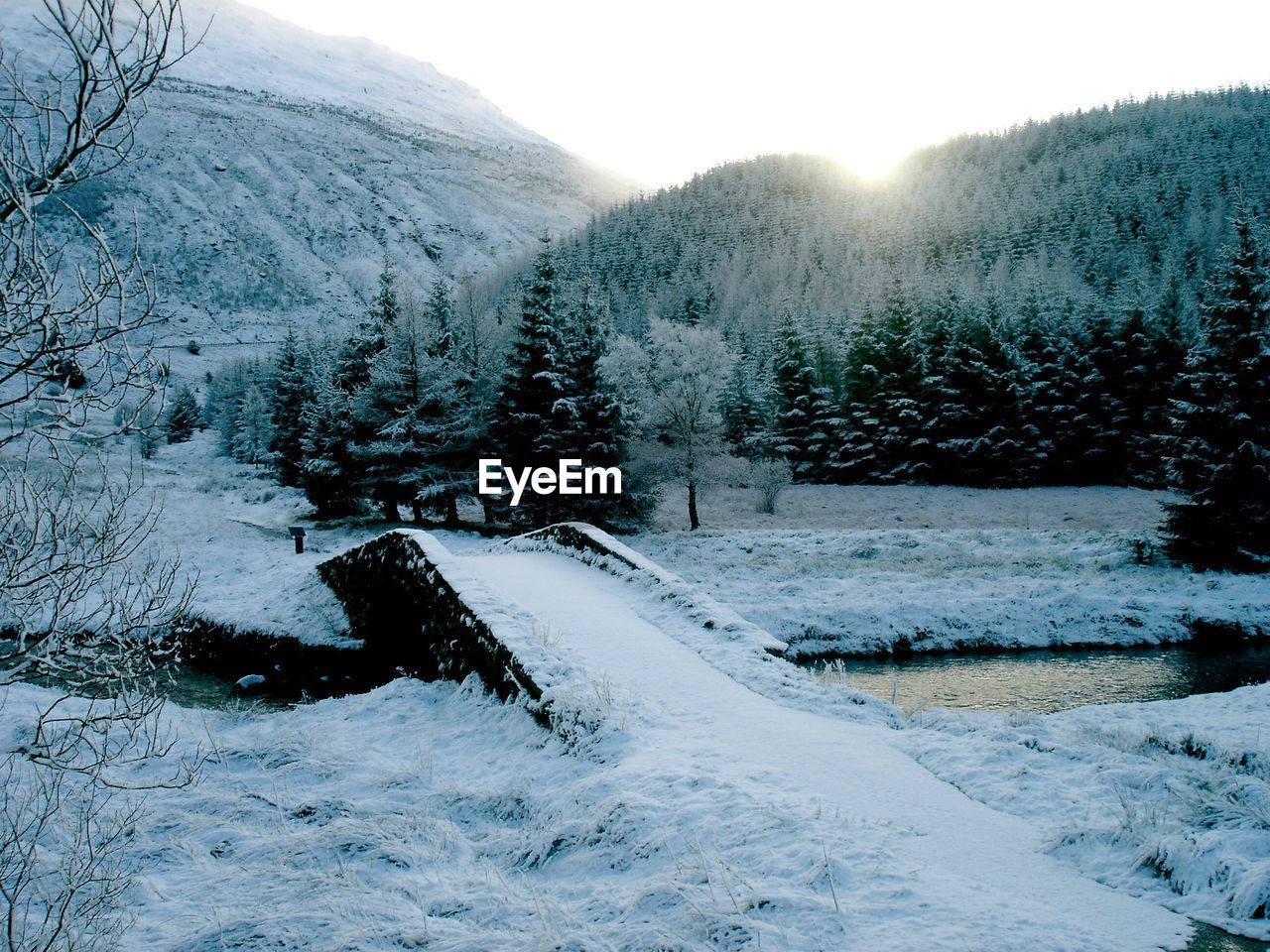 SNOW COVERED LAND AND TREES BY MOUNTAINS AGAINST SKY