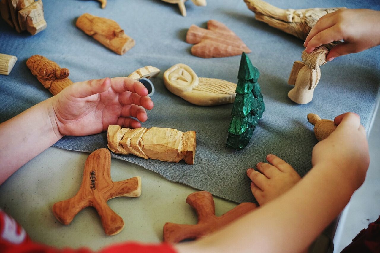 Children playing with wood figurines at home