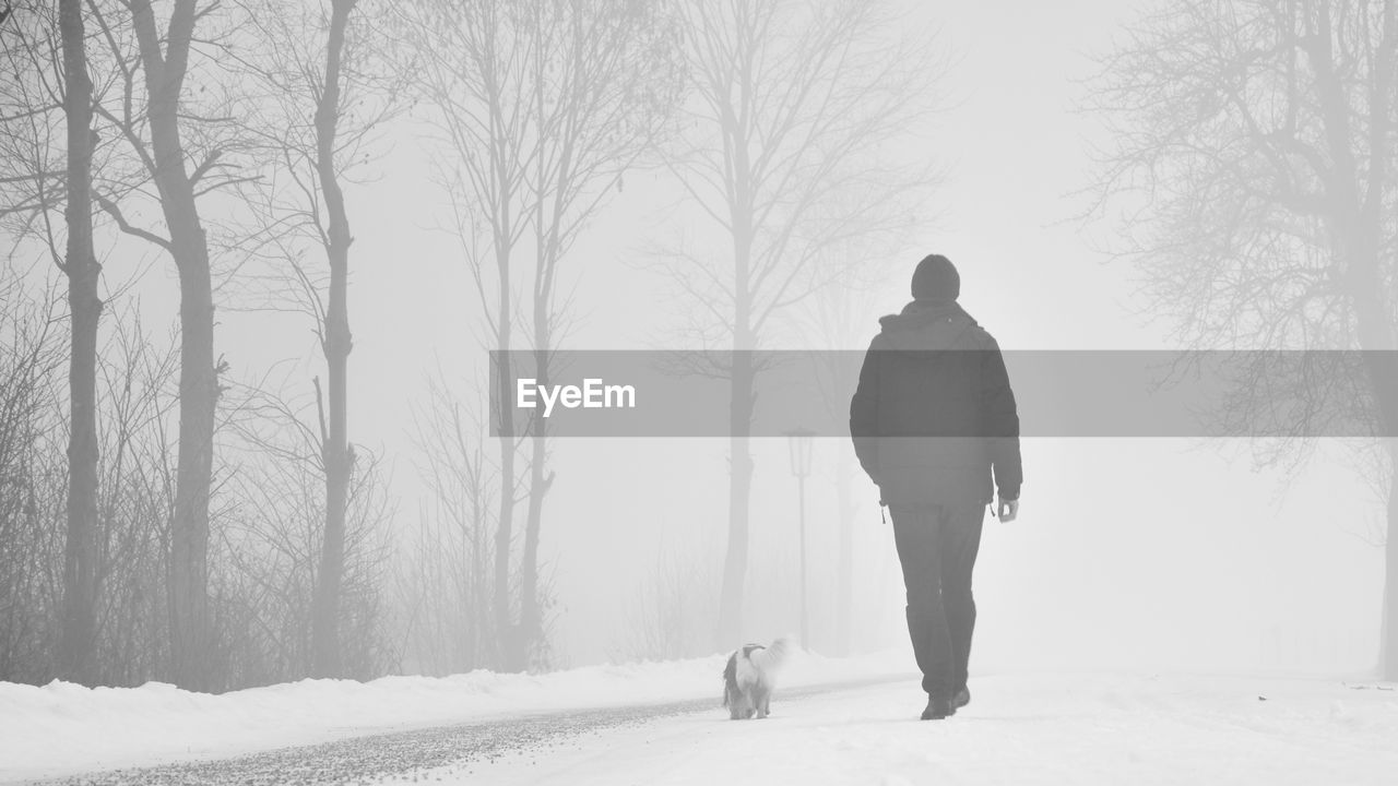 Rear view of man walking on snow covered landscape