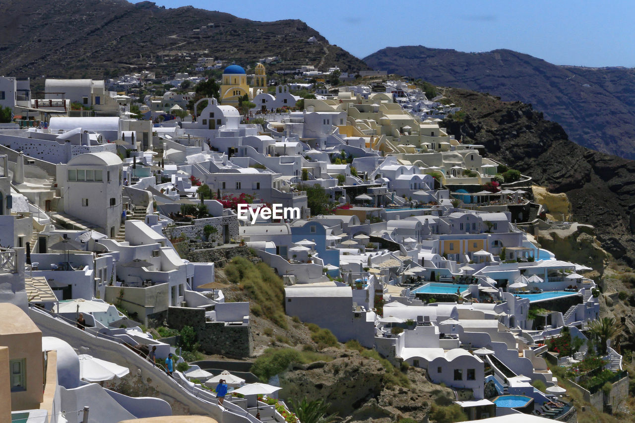 High angle view of white buildings in town