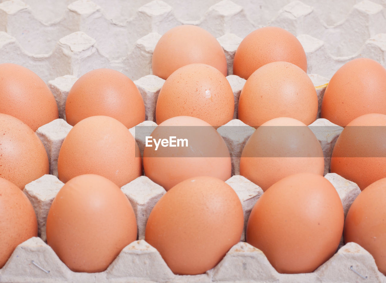 Close-up of eggs in carton on table