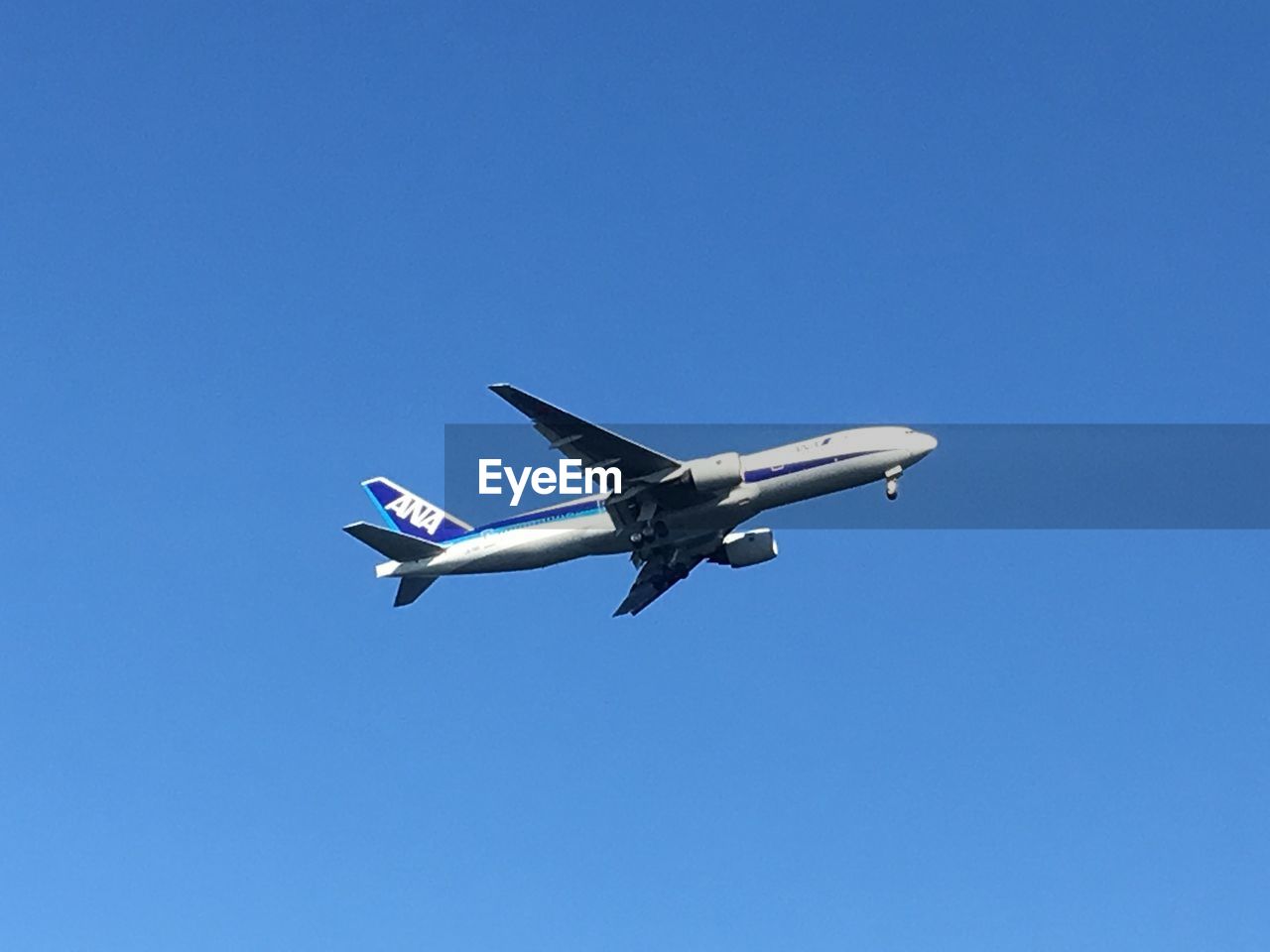 LOW ANGLE VIEW OF AIRPLANE IN FLIGHT AGAINST BLUE SKY