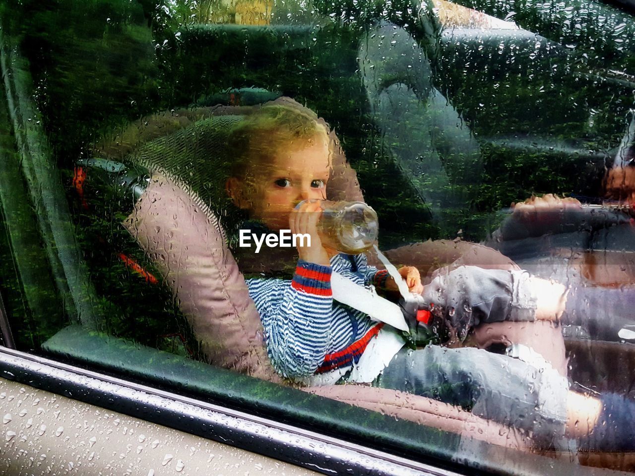 Portrait of boy looking through window