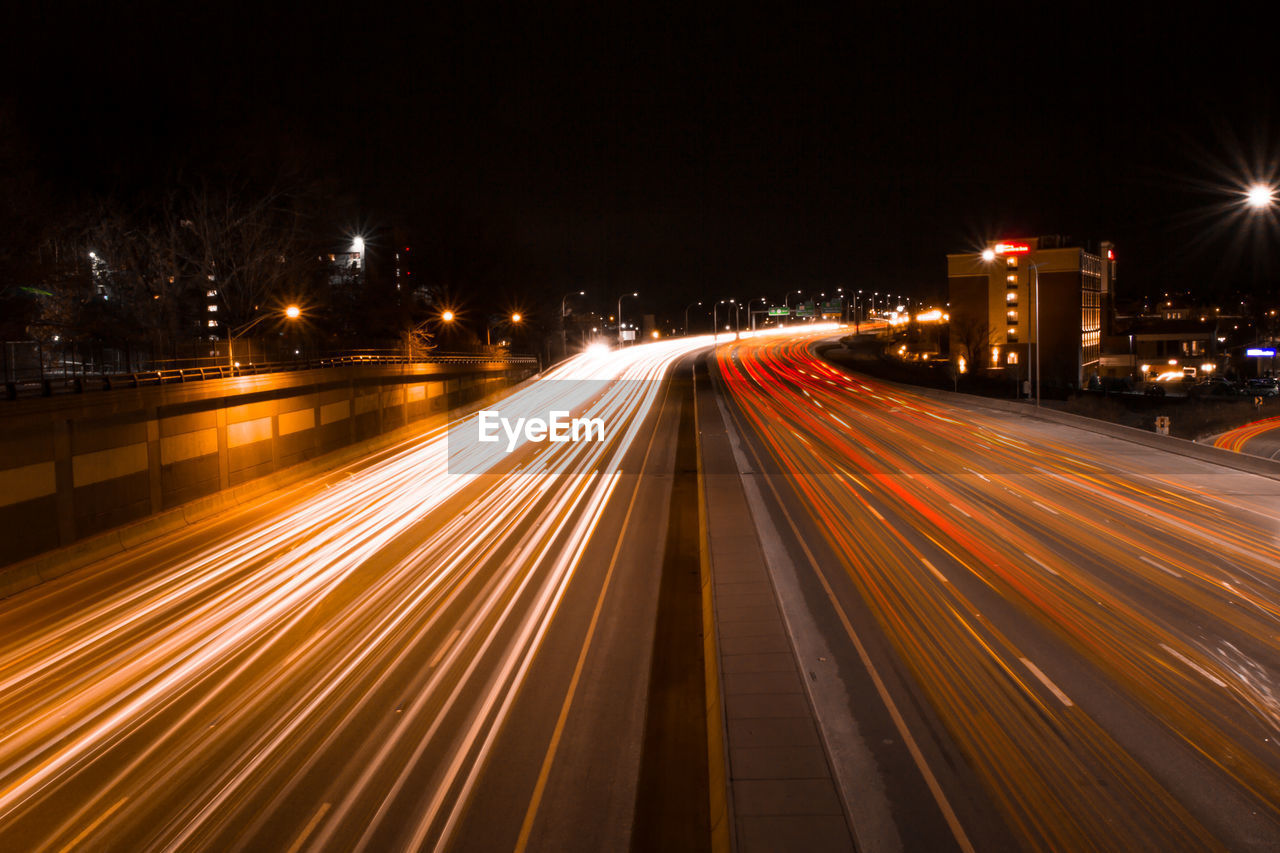 Light trails on road at night