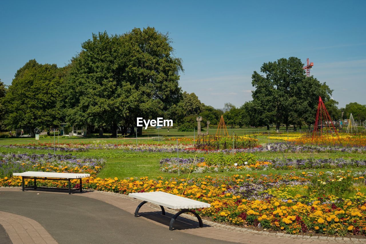 Empty park bench by plants against sky