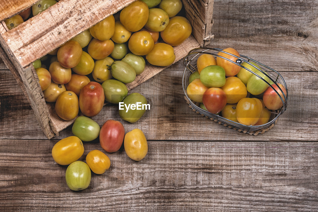 High angle view of tomato in basket on wooden table