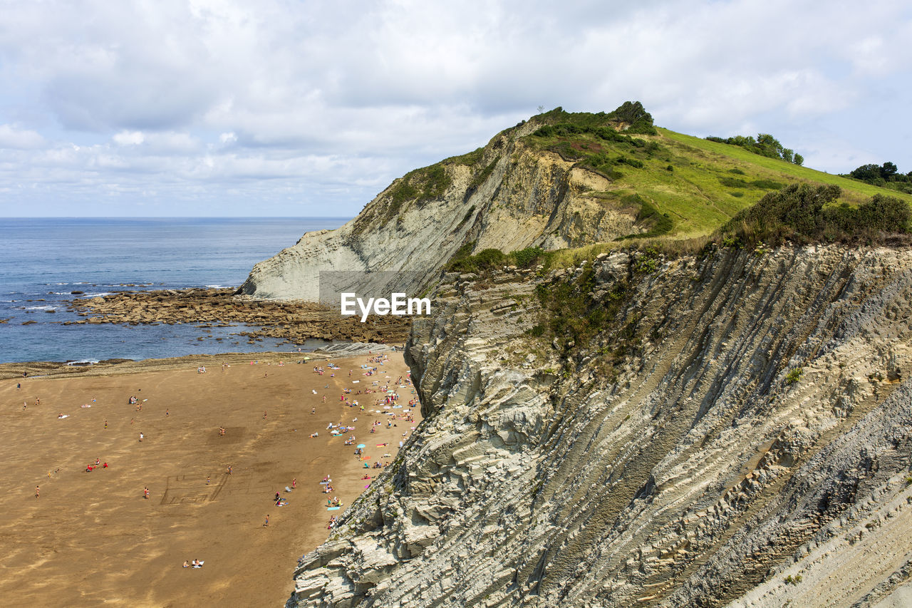 SCENIC VIEW OF ROCKY BEACH AGAINST SKY