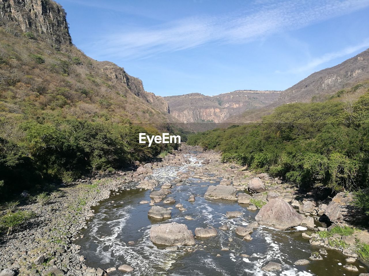 Scenic view of river amidst mountains against sky