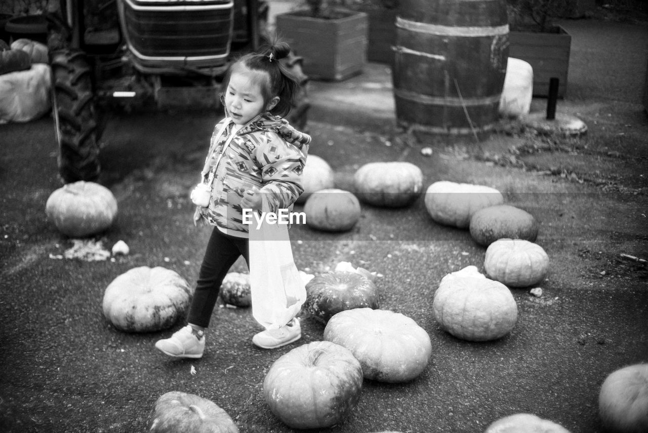 childhood, child, black and white, monochrome photography, one person, monochrome, food, food and drink, full length, pumpkin, men, cute, day, white, nature, vegetable, casual clothing, person, outdoors, black, innocence, healthy eating