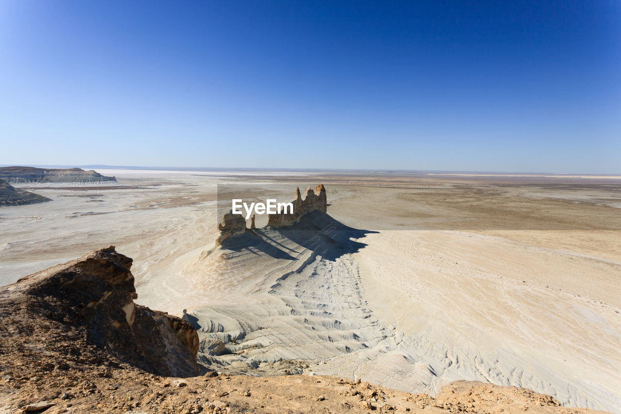 scenic view of beach against clear blue sky