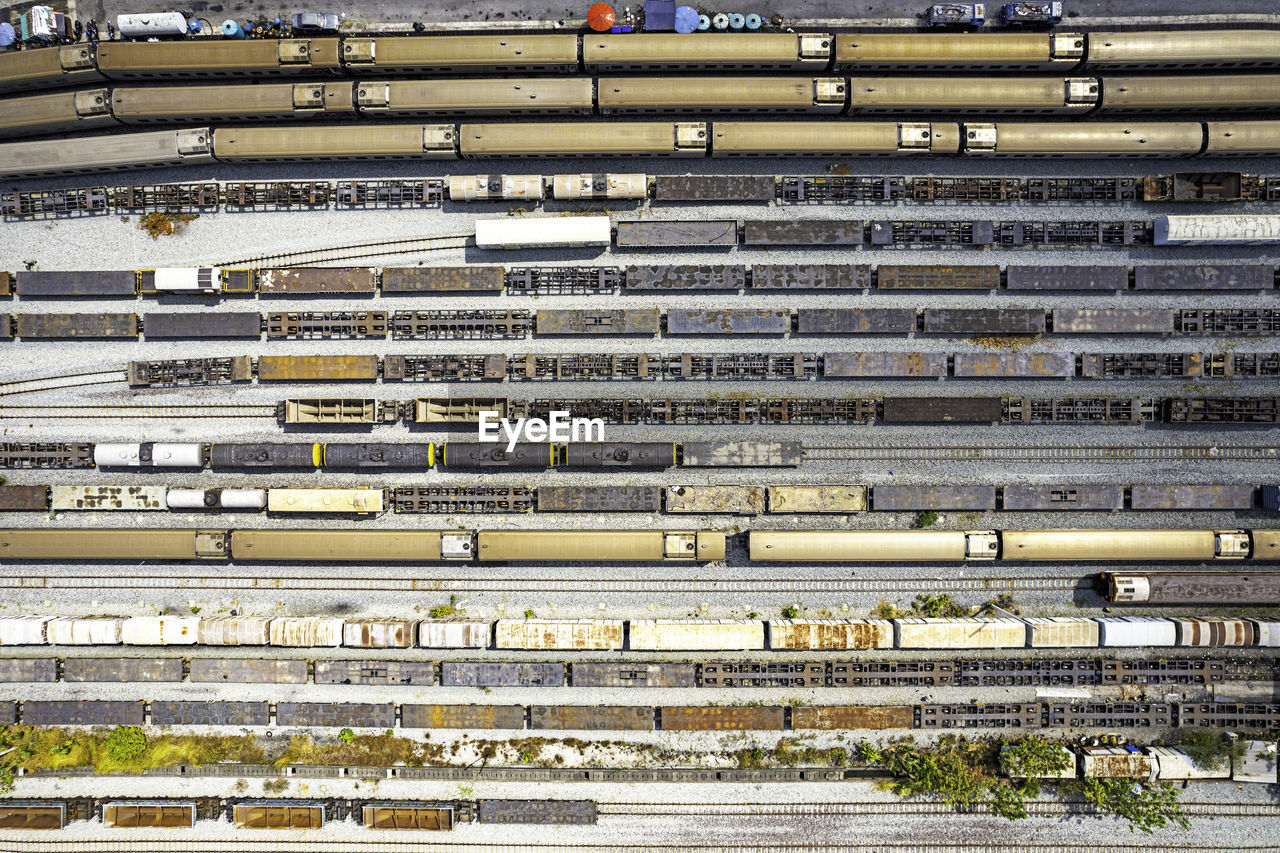 Cargo trains close-up. aerial view of colorful freight trains.