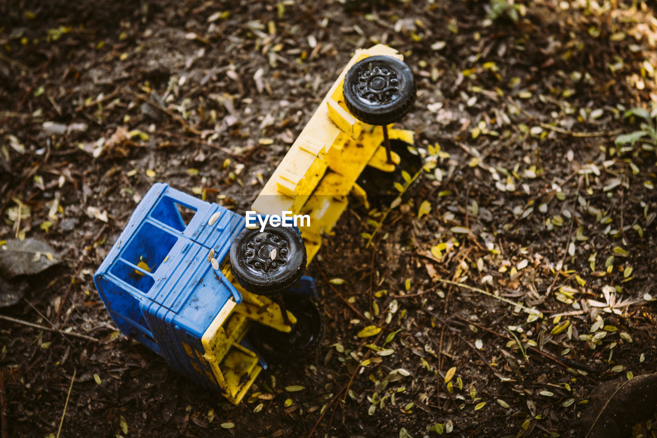 High angle view of toy truck on ground