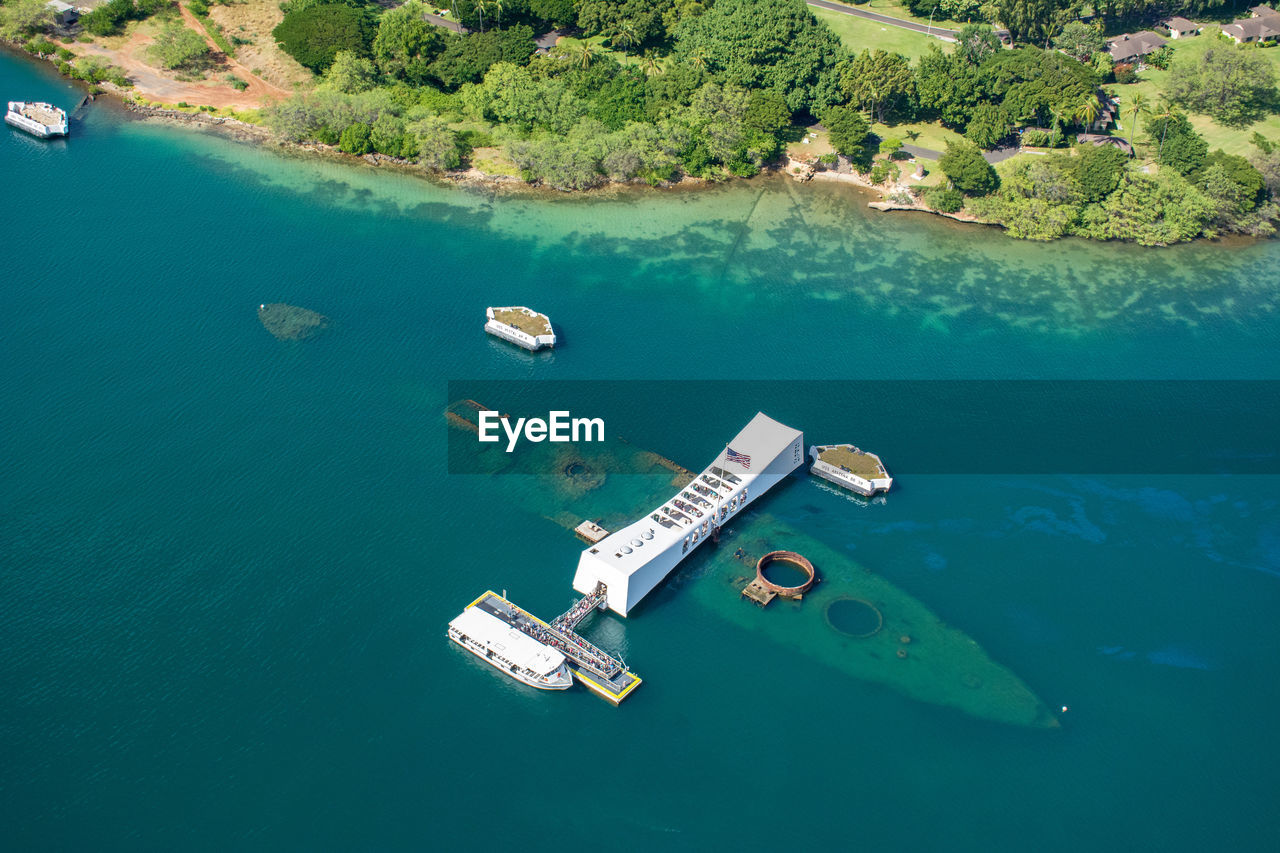 Aerial view of uss arizona memorial at pearl harbor on oahu, hawaii.