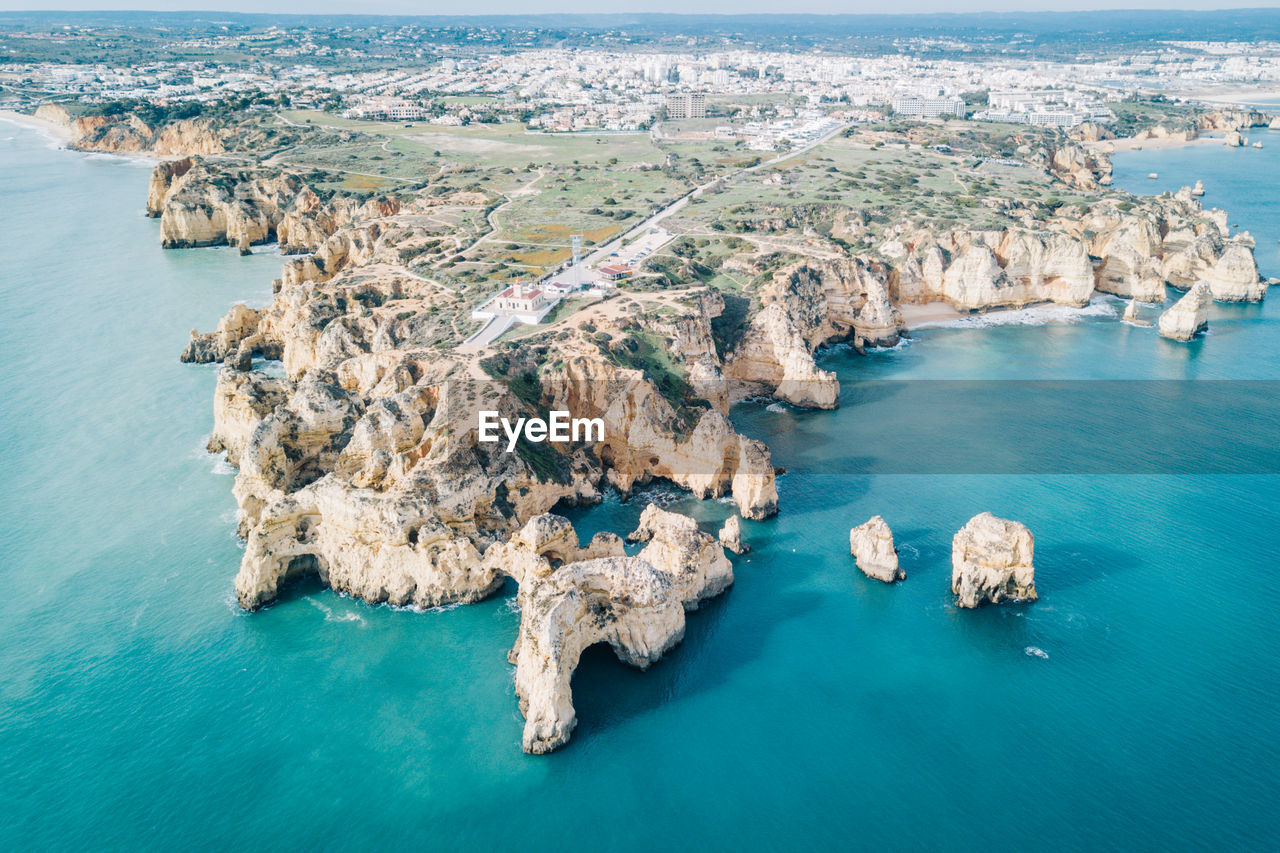 Aerial view of sea and rock formations