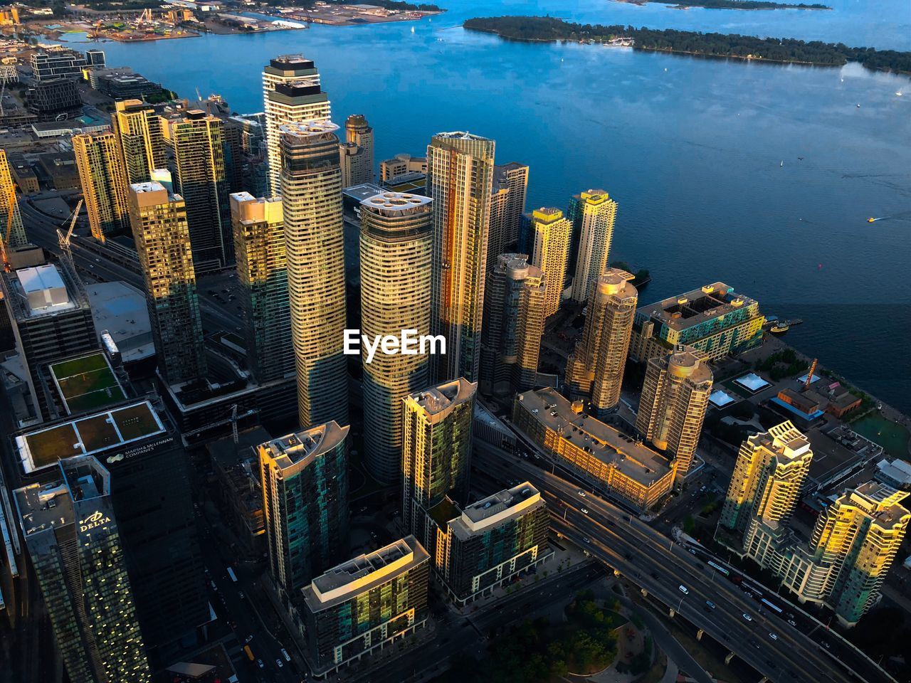 High angle view of modern buildings in city