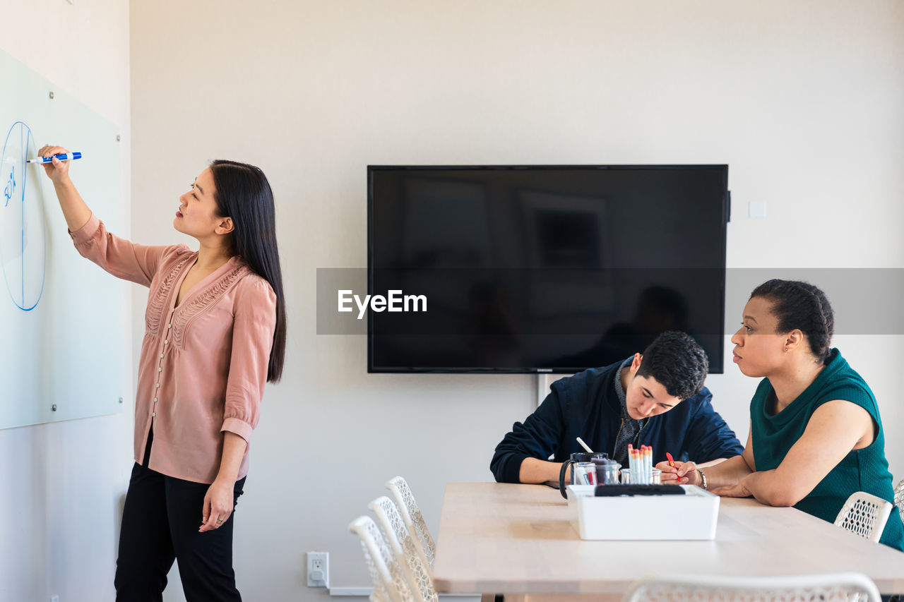 Businesswoman drawing diagram on whiteboard while planning with colleagues in meeting at office