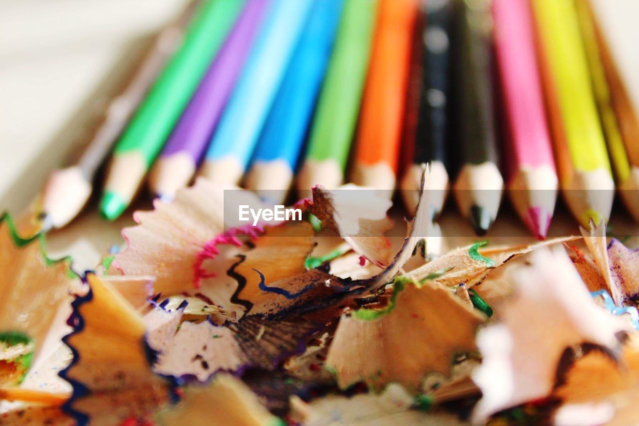 High angle view of colored pencils on table