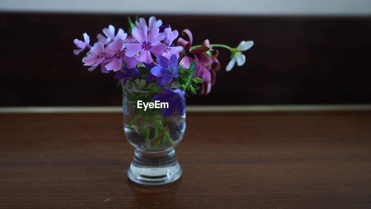 flower, flowering plant, plant, freshness, table, vase, indoors, purple, nature, fragility, beauty in nature, no people, close-up, flower head, glass, wood, flower arrangement, blue, still life, inflorescence, focus on foreground, arrangement, petal, drinking glass, household equipment, bunch of flowers, mason jar, water