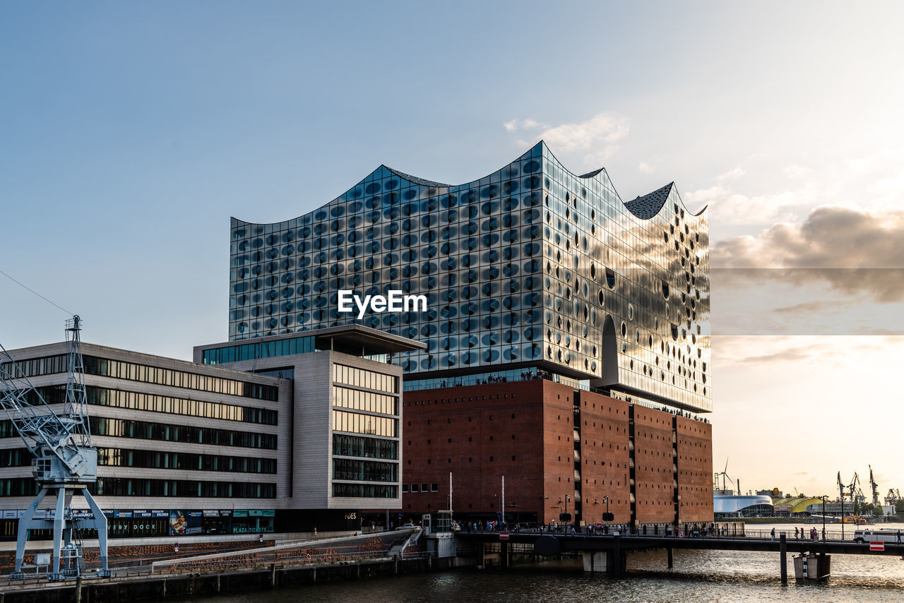 The elbphilharmonie, concert hall in the port of hamburg at sunset