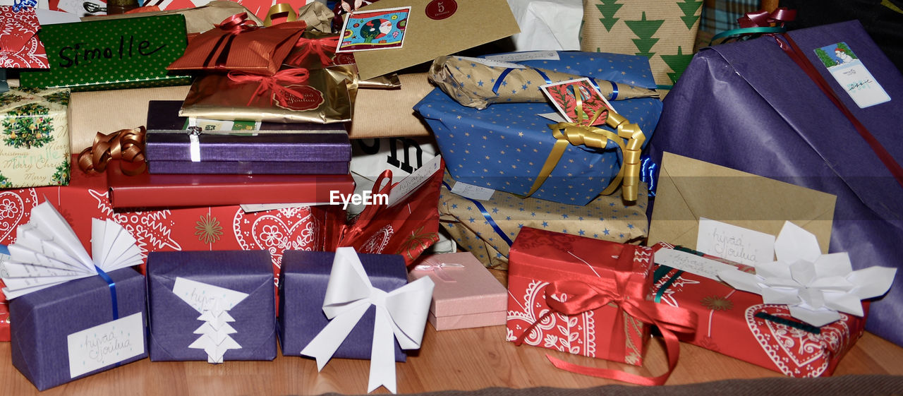 High angle view of gifts on table